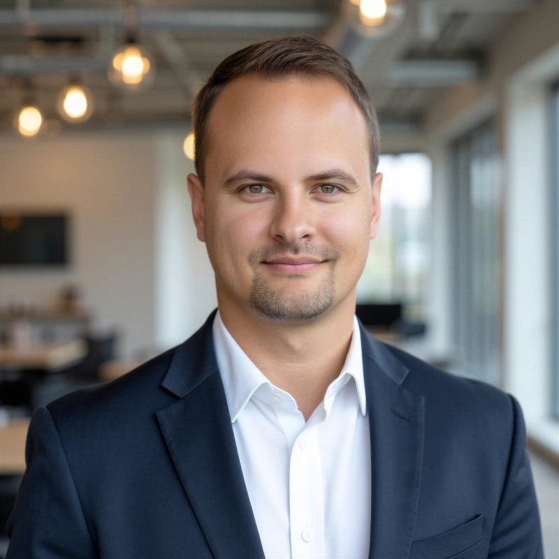 Confident man in a suit smiling in a modern office.
