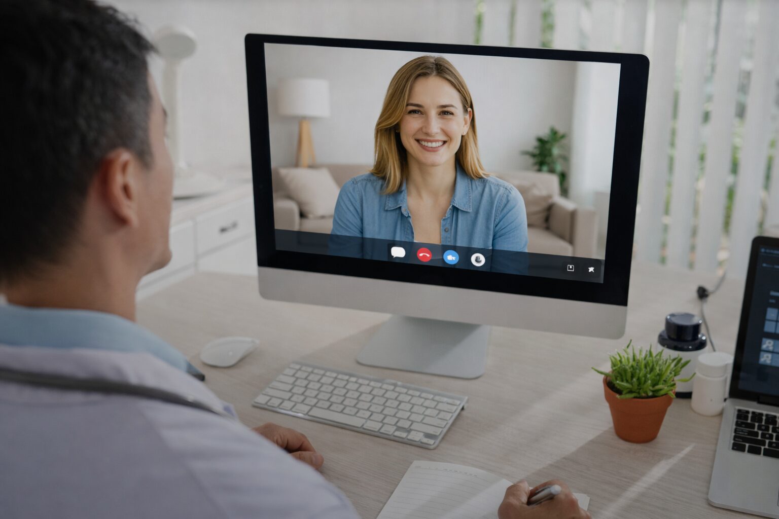 A woman smiling during a video call on a desktop computer.