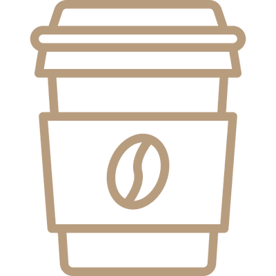 Minimalist coffee cup icon with a coffee bean symbol.
